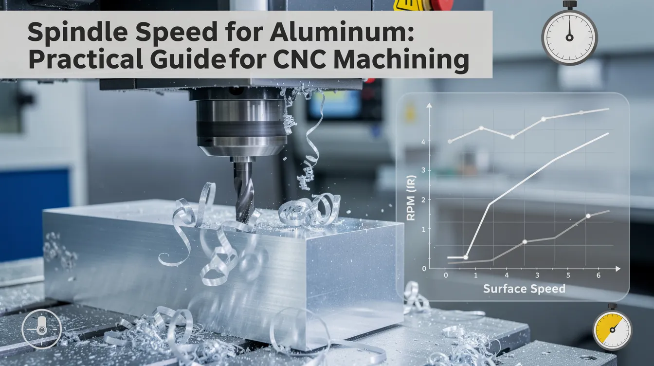 The image depicts a CNC machine in operation, focusing on the spindle speed settings for machining aluminum. It illustrates various cutting parameters, including feed rate and depth of cut, essential for achieving optimal tool life and surface finish while minimizing heat and improving chip evacuation.