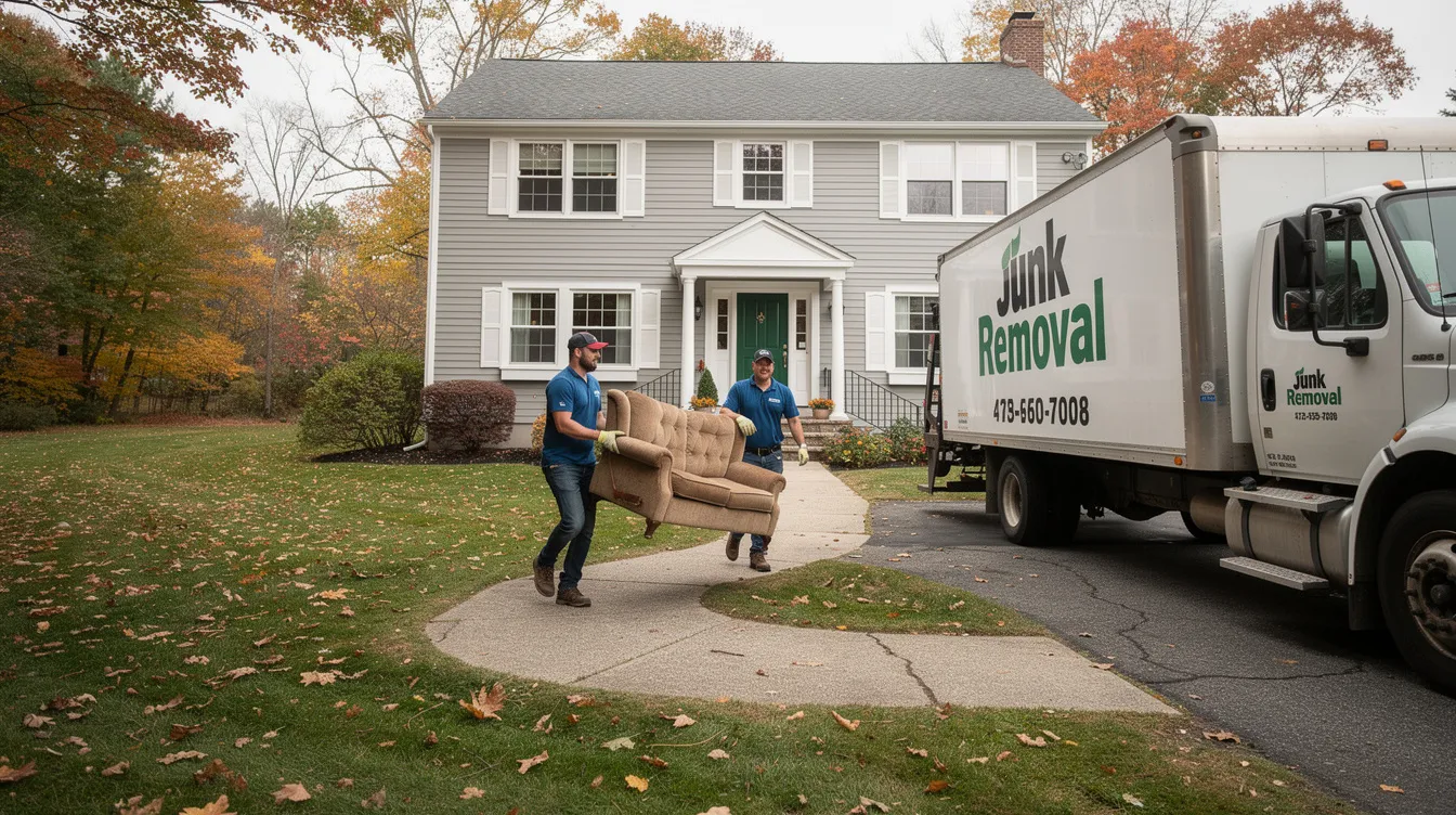 A professional junk removal crew is efficiently carrying old furniture out of a Connecticut home, showcasing their commitment to delivering exceptional service and responsible disposal practices. The hardworking team handles all the heavy lifting, ensuring a stress-free experience for homeowners looking to rid their space of unwanted items.