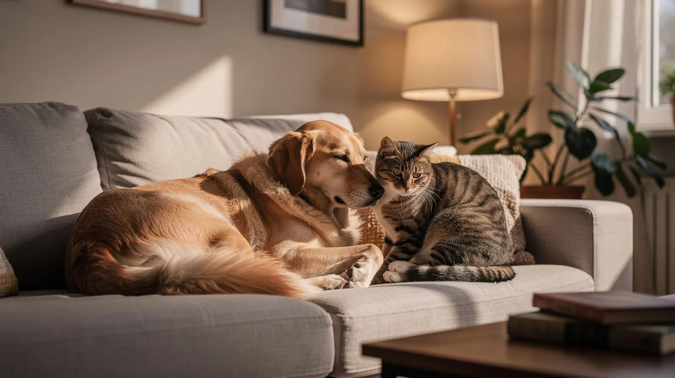 A relaxed dog and cat sit side by side in a cozy home setting, embodying the harmony of pet companionship. This image reflects the joy of pet ownership, reminding pet parents of the importance of protecting their beloved animals with options like RSPCA pet insurance for peace of mind.