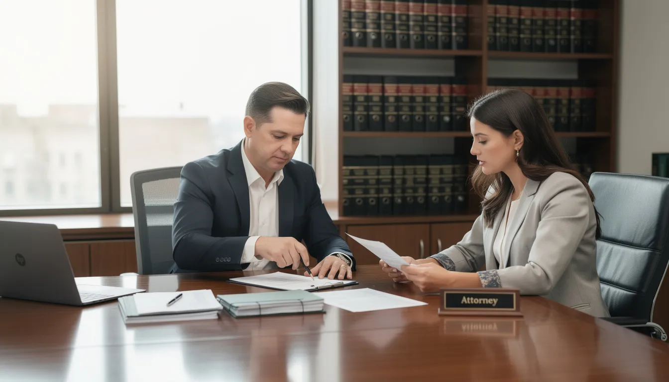 An attorney sits across from a client at a desk, reviewing documents related to a workers compensation case. They discuss the independent medical examination process and the client's medical records to determine the best course of action for their workers comp claim.