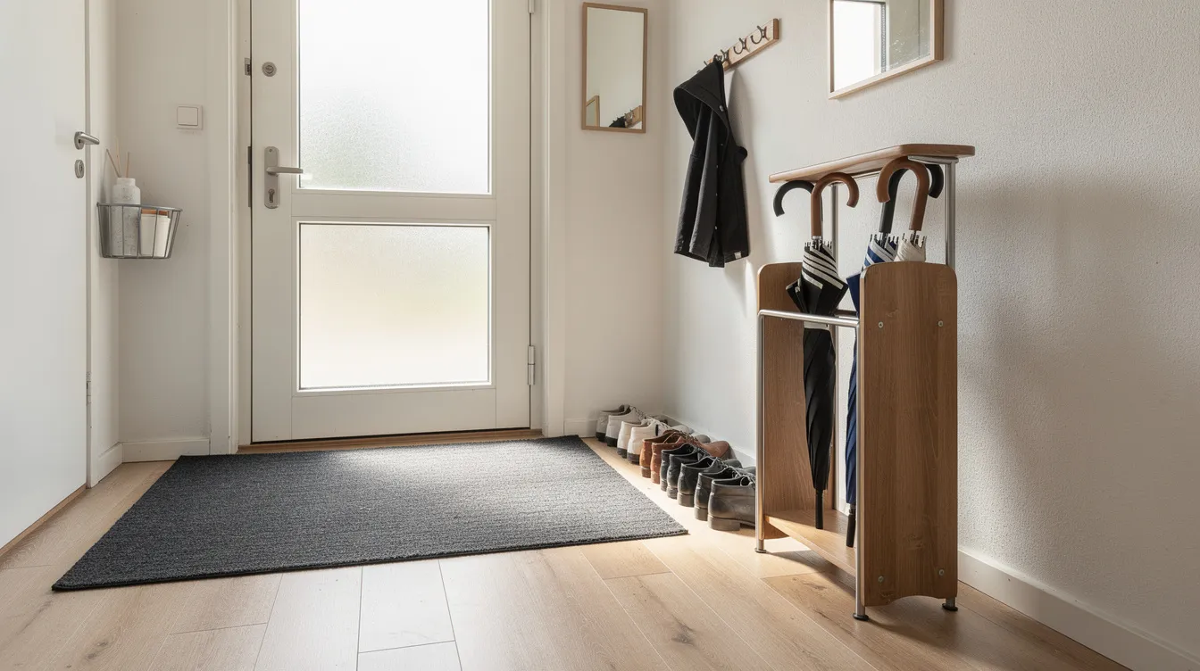 En organiserad hallmiljö med en entrématta i en stilren färg och ett välskött paraplyställ som rymmer både blöta och torra paraplyer. Inredningen skapar ordning och ger en inbjudande känsla till hallen, där allt finns på sin plats.