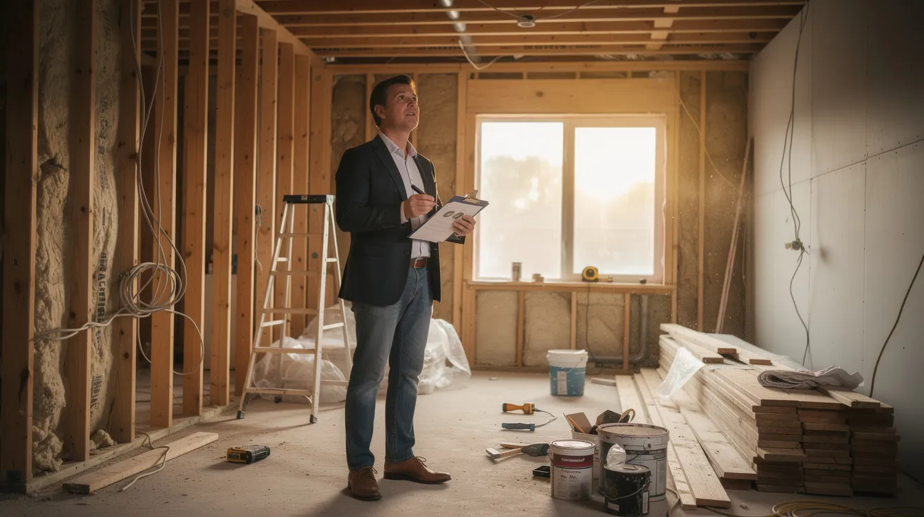An investor is examining a residential property that is currently undergoing renovation, with tools and construction materials scattered around. This scene reflects the potential for home improvements that could increase the property's value, possibly utilizing options like a home equity loan or a home equity line of credit to finance the project.
