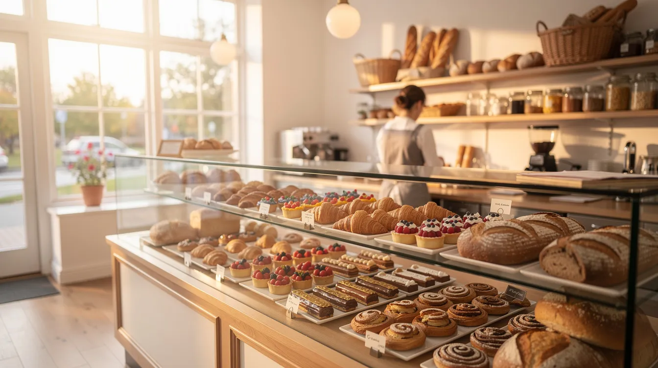 The image depicts a bright bakery interior with large windows allowing natural light to fill the cozy space, showcasing an array of delicious pastries displayed on a counter, perfect for a casual date or a romantic evening in the city. The inviting atmosphere makes it an ideal spot for enjoying a sweet treat or planning a special moment with someone special.