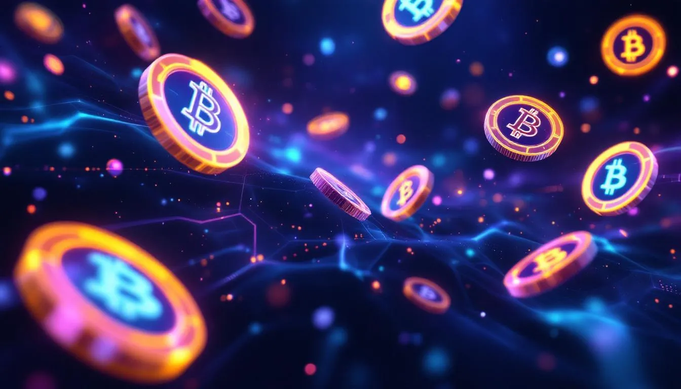 In the image, vibrant digital cryptocurrency coins, including bitcoins, are floating in a futuristic digital space illuminated by glowing effects, symbolizing the advanced blockchain technologie and the potential of kryptowährungen in a decentralized market. The scene captures the essence of digital währungen and their role in modern transactions within a peer-to-peer netzwerk.
