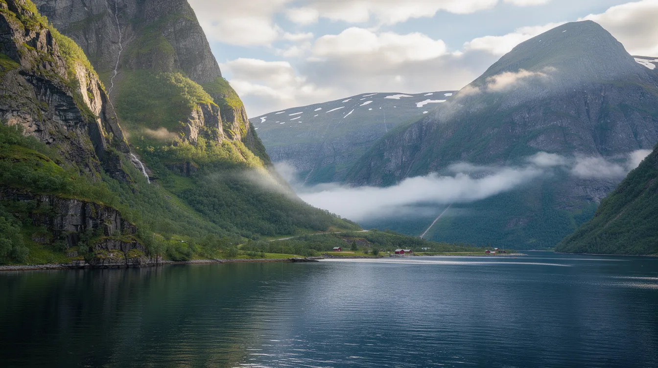 The image features a stunning Norwegian fjord, characterized by its calm blue waters and steep green mountains rising majestically on either side. This breathtaking natural landscape is a testament to Norway's reputation for outdoor activities and its high regard for nature, making it an ideal place for those seeking a balanced life in a beautiful environment.