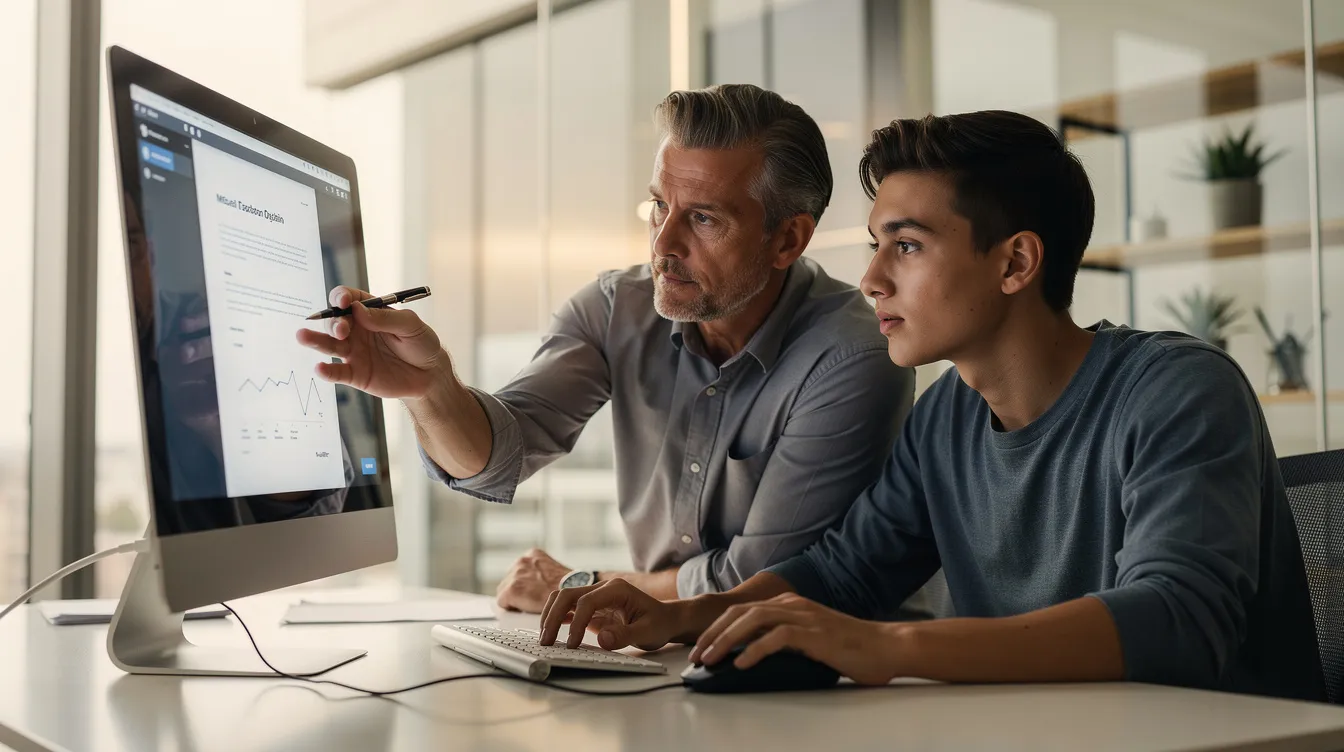 A mentor and a young professional are collaborating on a project at a computer in an office setting, reviewing work together and discussing the use of AI tools to enhance their skills in the tech industry. This scene illustrates the importance of early career professionals in adapting to the evolving job market and embracing new technologies.