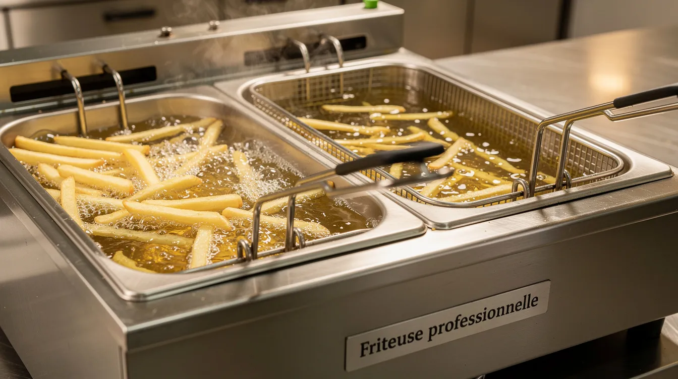 Gros plan sur une friteuse professionnelle en inox, remplie d'huile dorée, où des frites croustillantes sont en cours de cuisson, illustrant l'équipement essentiel pour la restauration rapide et le snacking. Cette image met en avant la qualité et la performance des matériels utilisés dans le secteur du fast food.