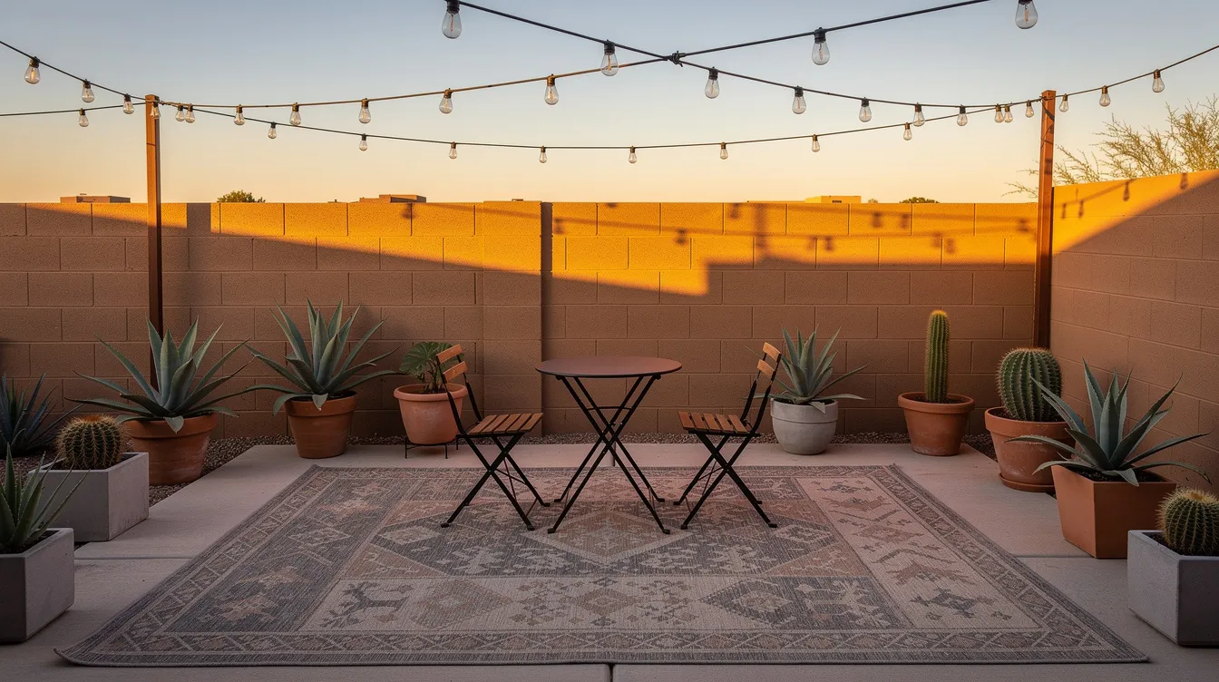 The image depicts a cozy Scottsdale patio featuring bistro seating and an outdoor rug, adorned with string lights for ambiance. Surrounding the space are potted desert plants against a painted block wall, creating a charming outdoor living space perfect for entertaining.