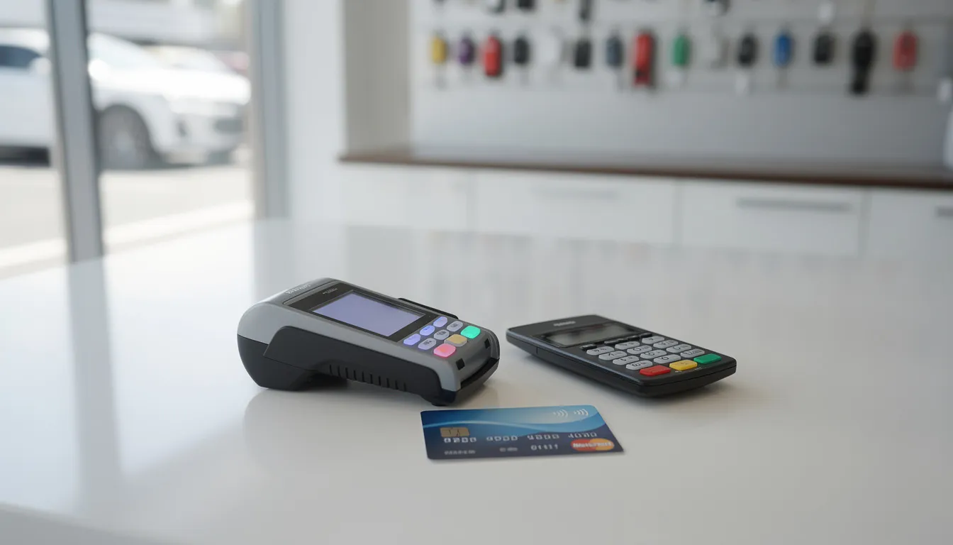 Une carte bancaire est posée sur un comptoir de location de voitures, à côté d'un terminal de paiement. Cette scène évoque le processus de paiement pour une voiture de location, où le client doit fournir des informations pour la caution et les éventuels frais liés aux dommages.