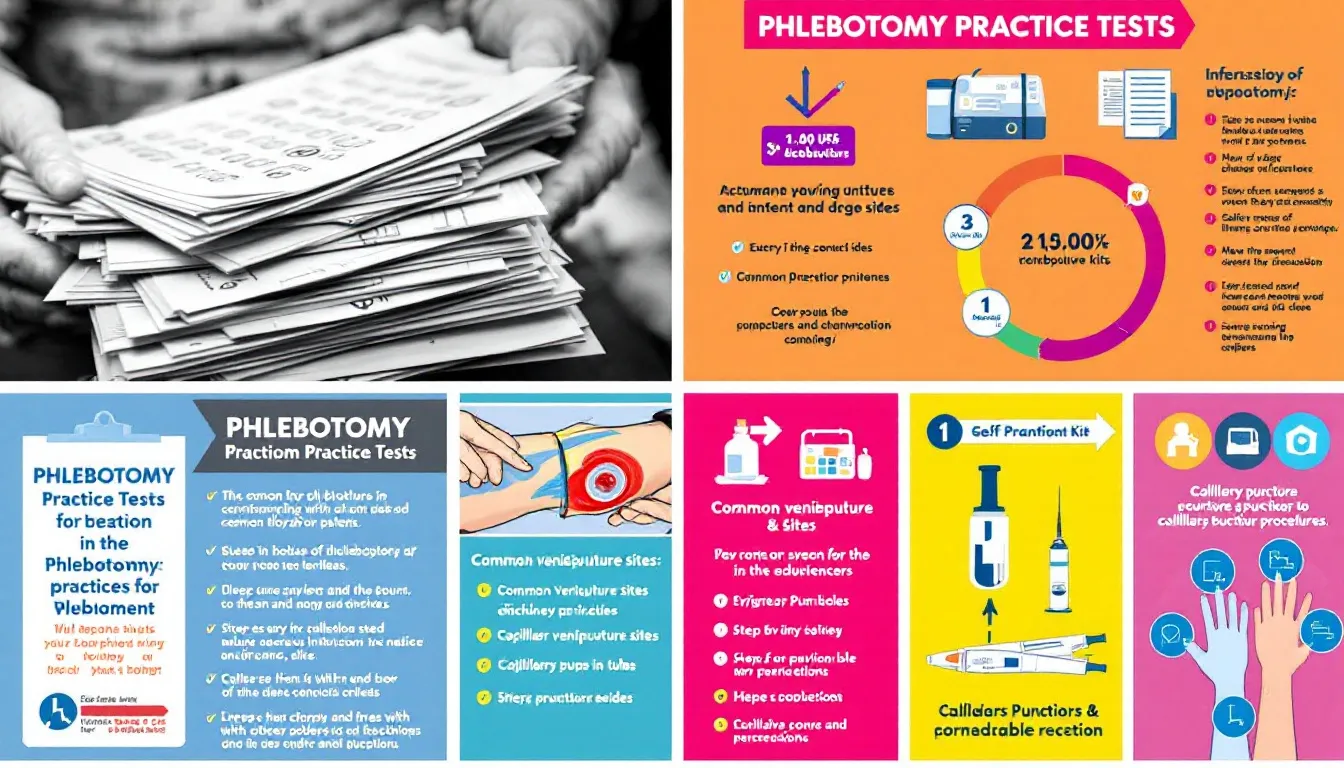 A collection of various phlebotomy practice tests and materials, including a blurred image of test papers.