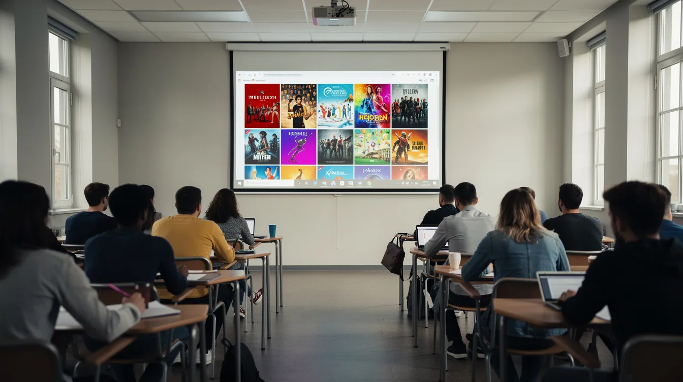Im Seminarraum sitzen Studierende in Reihen und schauen aufmerksam auf die Leinwand, auf der eine Streaming-Oberfläche mit bunten Filmkacheln zu sehen ist. Der Beamer projiziert Inhalte, die das Verständnis von Medien und nichtlinearem Viewing fördern.