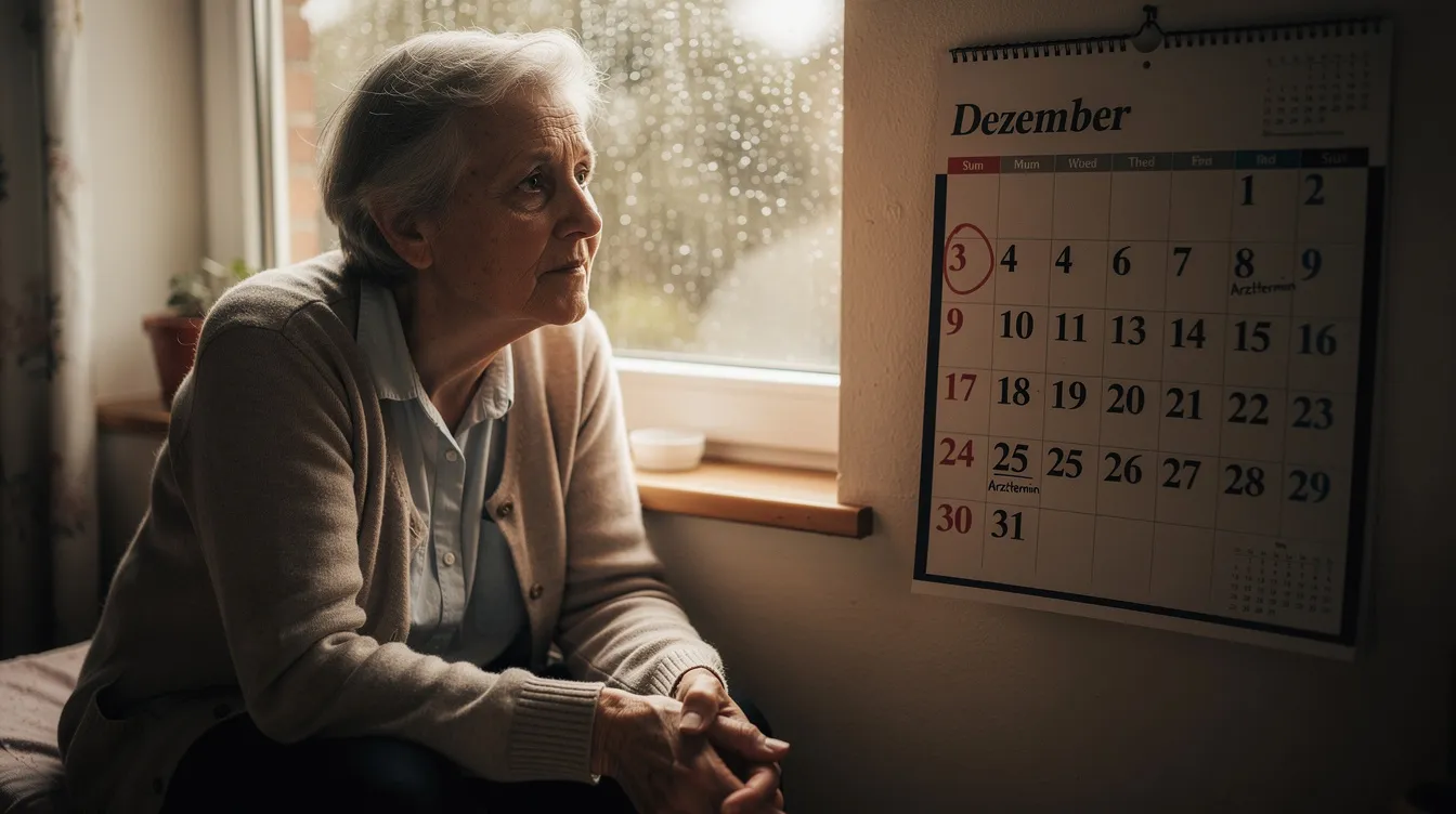 Eine ältere Person sitzt nachdenklich am Fenster und schaut auf einen Kalender, während sie über ihren Renteneintritt und die damit verbundenen Altersrenten nachdenkt. In diesem Moment reflektiert sie möglicherweise über die Voraussetzungen und Folgen einer vorzeitigen Rente sowie die möglichen Rentenabschläge.