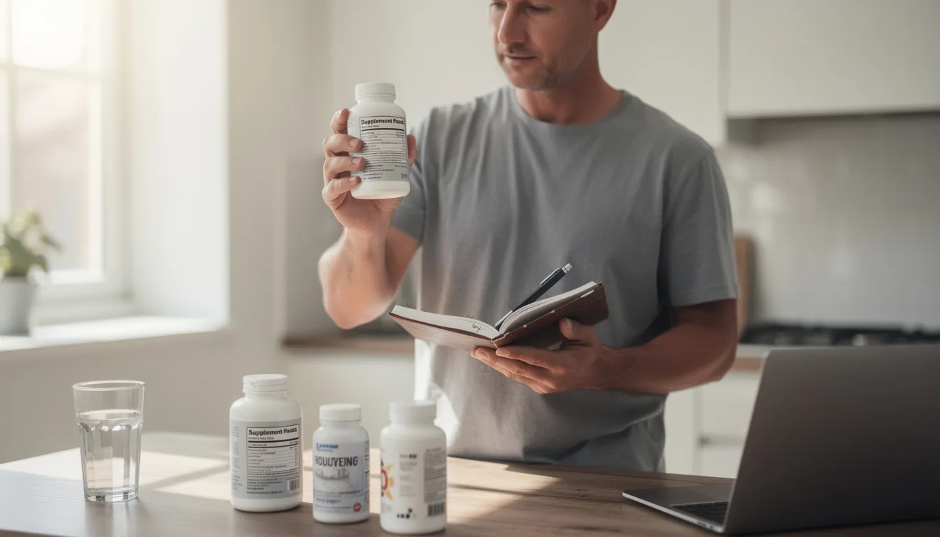 A person is intently reading a supplement label, holding a notebook, which suggests they are thoughtfully evaluating the potential benefits and risks of NMN supplements for healthy aging. This scene reflects a growing interest in how such supplements can impact cellular energy production and overall long-term wellness.