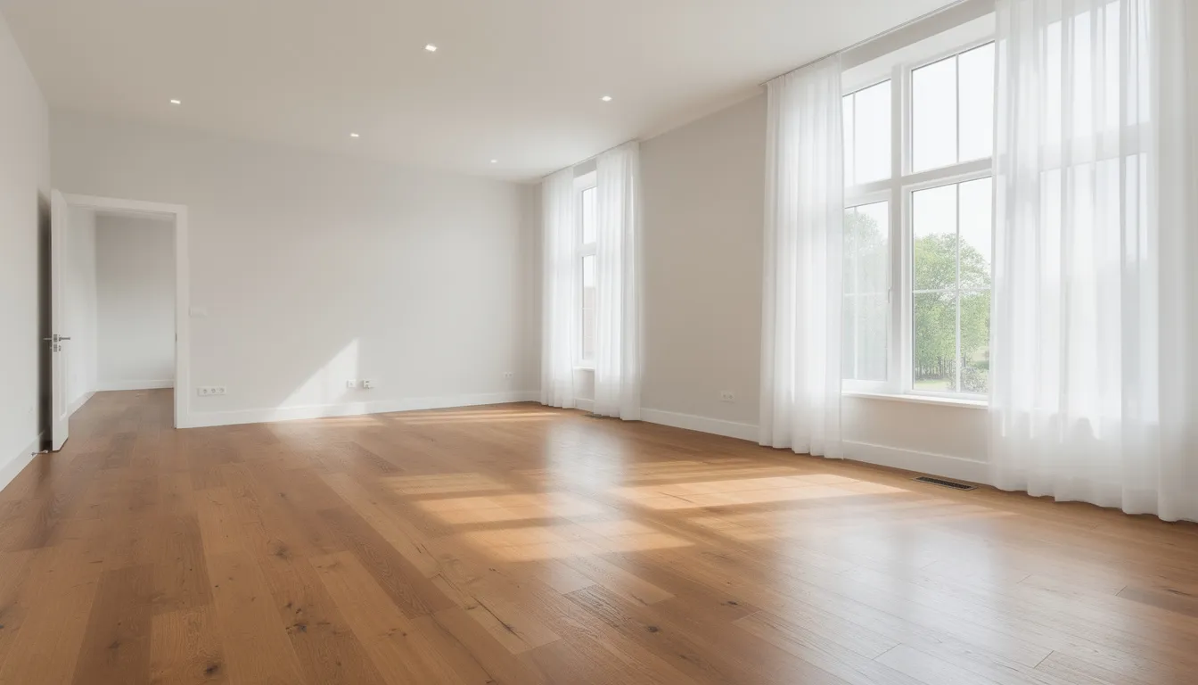 A clean and empty living room features hardwood floors and large windows, showcasing a bright and inviting space ready for sale. The staged home emphasizes its freshness, ideal for homeowners looking to eliminate any lingering odors, including pet urine odors or cigarette smoke smell.