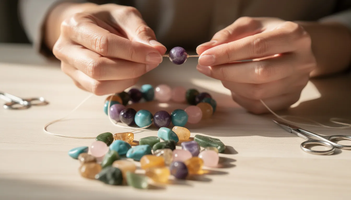 A pair of hands is delicately stringing a variety of colorful gemstone beads, including rose quartz and lapis lazuli, onto a thread to create a handmade bracelet. The vibrant hues of the precious and semi-precious gemstones reflect light, showcasing their beauty and unique characteristics.