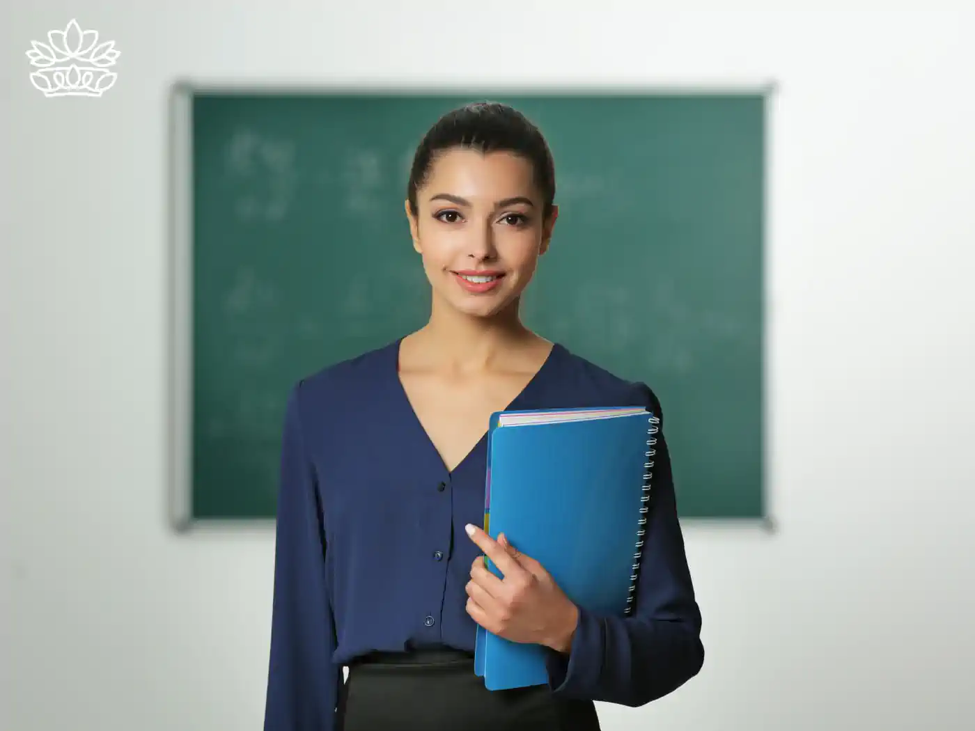 Confident female educator holding books in a classroom, representing the dedication of teachers and educators, delivered with heart by Fabulous Flowers and Gifts.