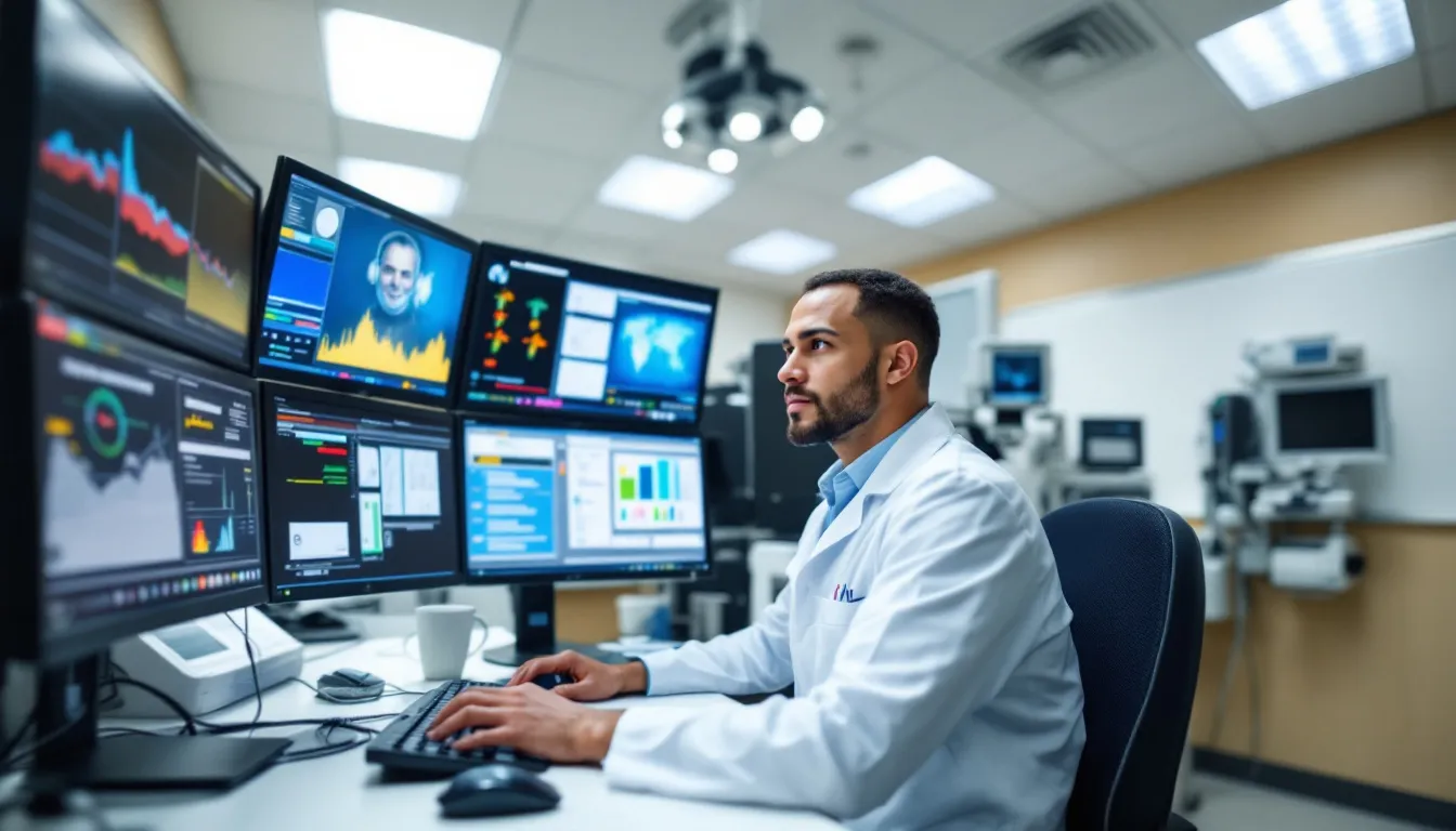 A healthcare professional is intently analyzing patient data on multiple computer screens within a modern medical facility, utilizing data analytics in healthcare to improve patient outcomes. The screens display various healthcare data, including electronic health records and predictive analytics tools, reflecting the importance of data analysis in enhancing patient care and operational efficiency.