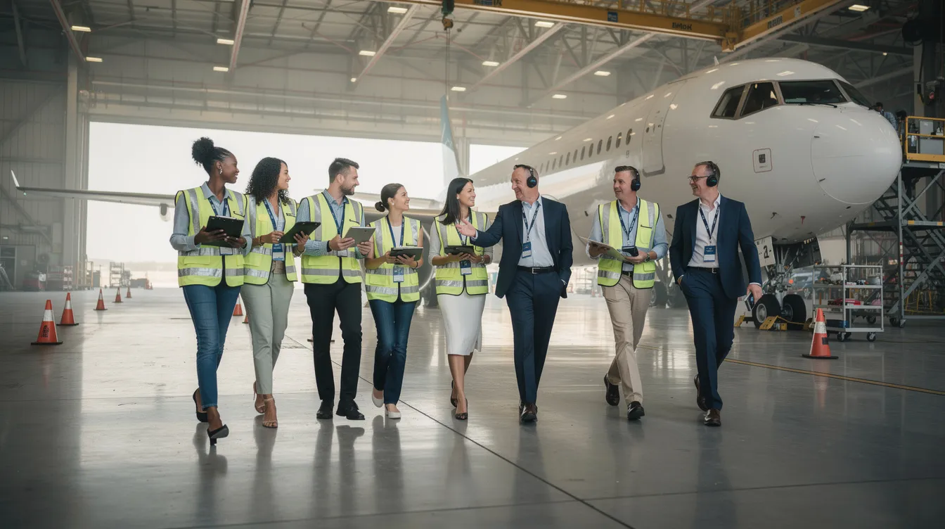 A group of aviation interns and their supervisors are walking through a spacious aircraft hangar, surrounded by various aircraft types. They are engaged in discussions about aircraft maintenance and upcoming maintenance tasks, gaining hands-on experience in the aviation industry as part of their internship program.