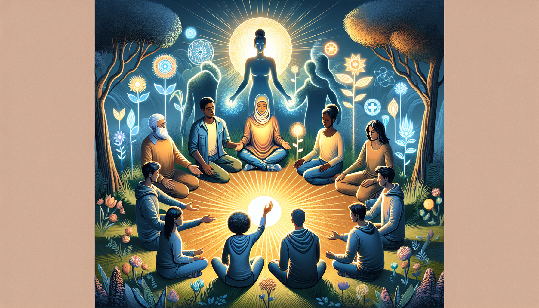 Illustration of individuals overcoming substance abuse within a therapeutic community