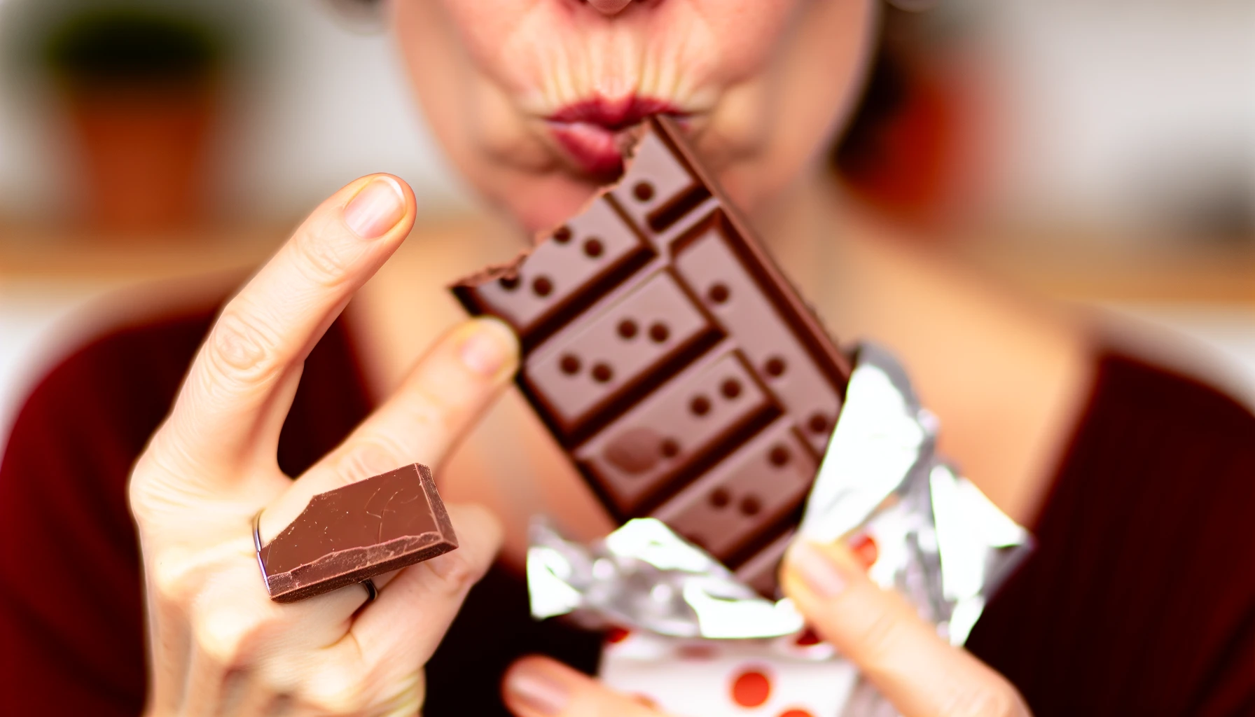 Person taking a bite of a PolkaDot chocolate bar