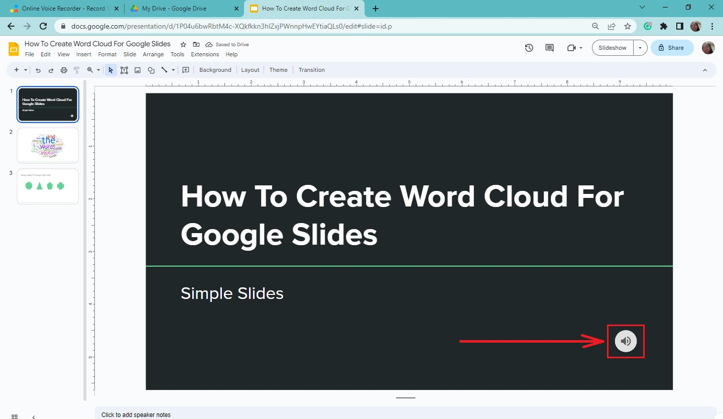 You have embed your audio clip successfully on Google Slides