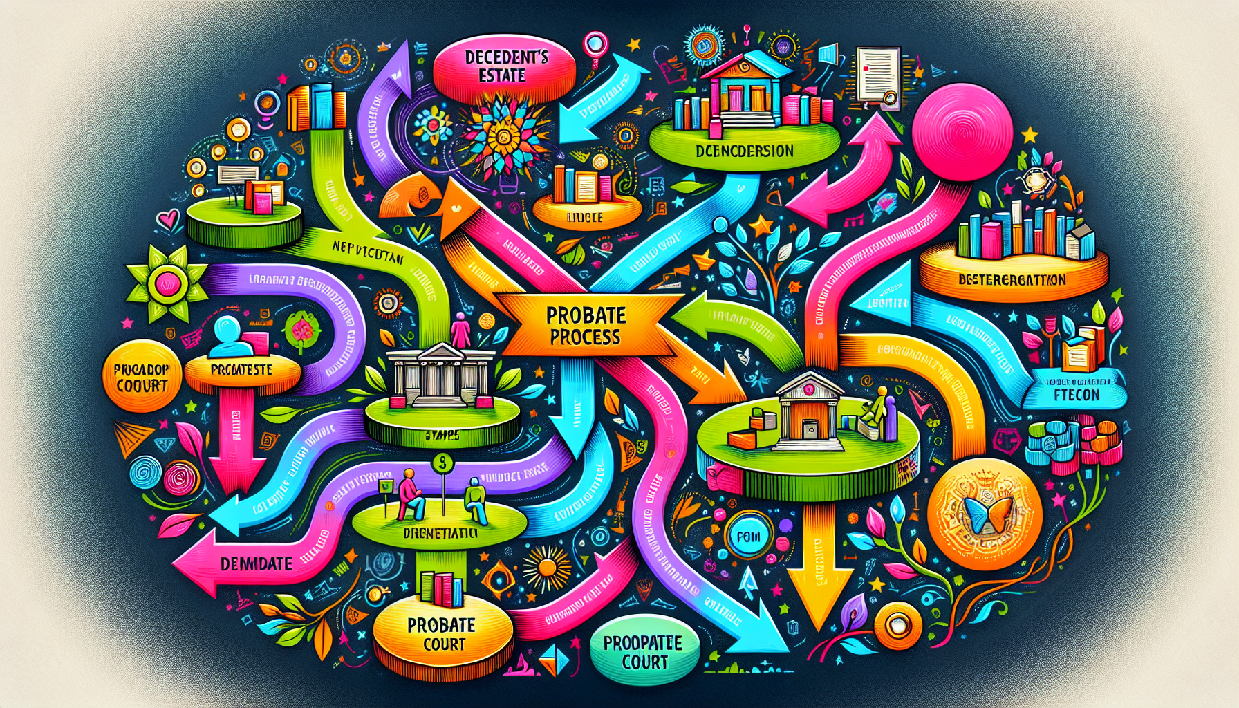 An illustration depicting the probate process, showing a flowchart of steps involved.