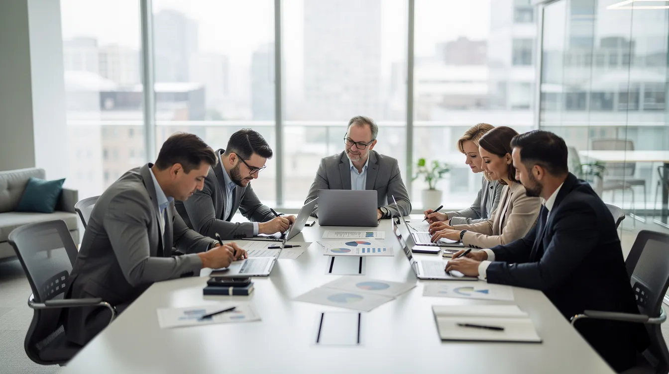 A group of professionals is gathered around a conference table in a modern office, engaged in reviewing documents related to oil and gas leases and operating agreements. They appear focused and collaborative, likely discussing legal matters pertinent to the oil and gas industry.