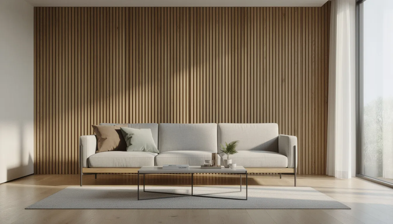 Een moderne woonkamer met een stijlvolle designbank vooraan en een verticale houten lattenwand van Cando Decowall op de achtergrond, die een uitnodigende en rustige sfeer creëert. De wandpanelen zijn vervaardigd van hoogwaardig ommanteld MDF en stralen luxe uit, terwijl ze ook bijdragen aan de verfijnde akoestiek van de ruimte.