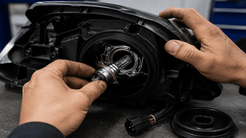 installing a new car headlight bulb into the housing