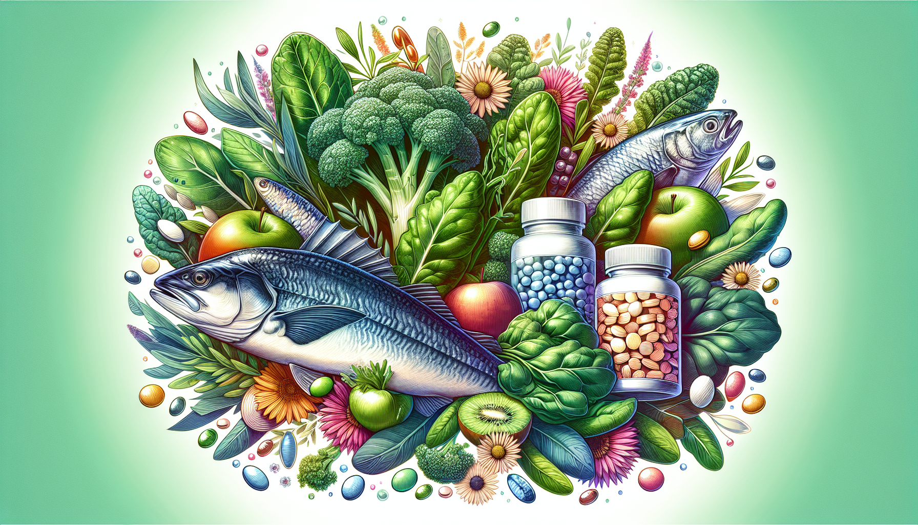 An artistic representation of essential nutrients for female fertility, including folic acid and omega-3 fatty acids.