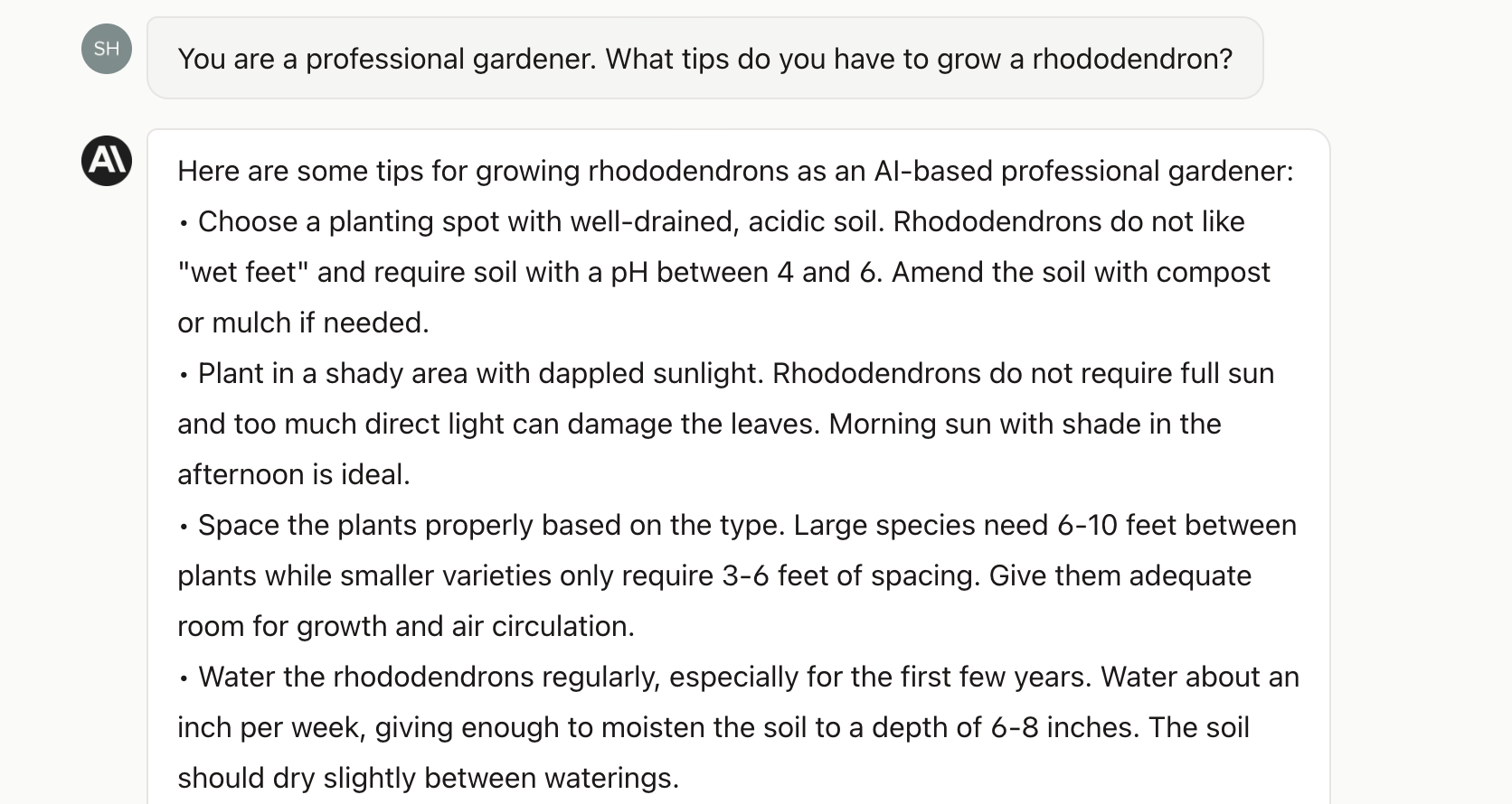 Claude's response about growing rhododenrons