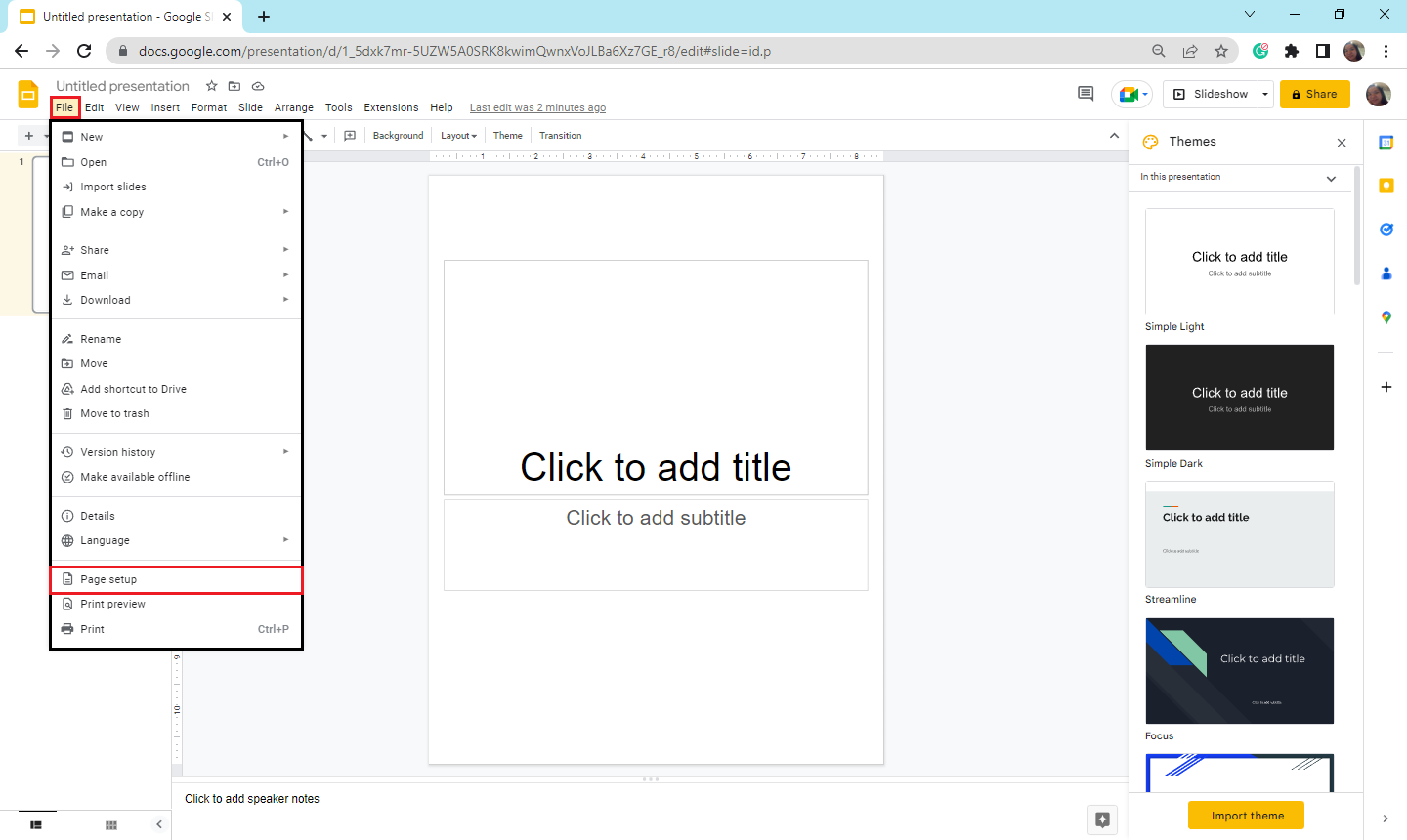 Click the File tab then navigate and select for "Page Setup"