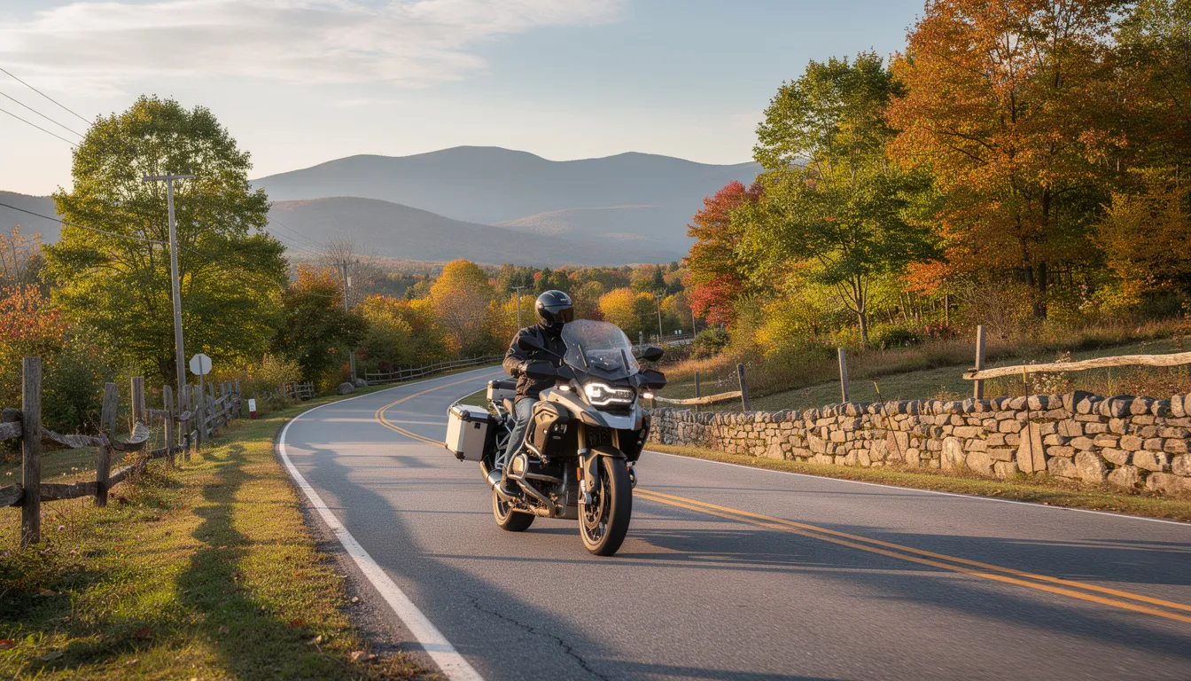 A motorcycle is seen traveling along a picturesque rural road in New England, surrounded by lush greenery and majestic mountains in the background. This serene setting highlights the beauty of motorcycle riding, though it also serves as a reminder of the importance of experienced motorcycle accident attorneys who can help victims recover compensation in the event of motorcycle crashes.