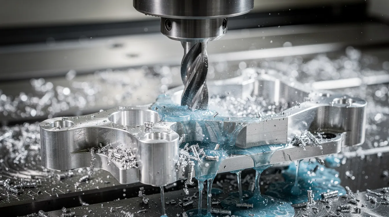A close-up view of a CNC milling machine is shown, actively cutting an aluminum aerospace bracket while coolant flows over the workpiece. The image highlights the precision machining process essential for creating custom CNC machined parts with tight tolerances.