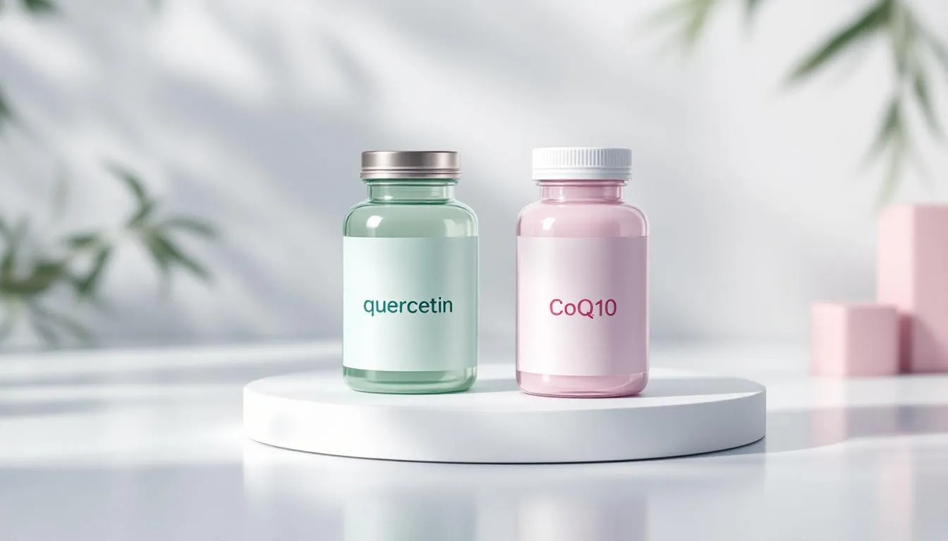 An illustration of quercetin and CoQ10 supplements with a blurred background.