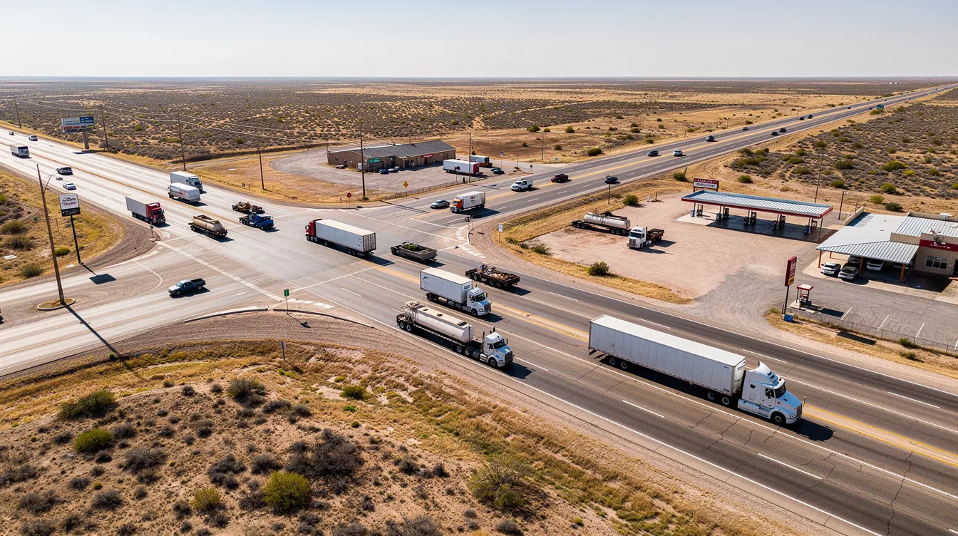 An aerial view of a busy West Texas intersection showcases a mix of commercial vehicles navigating the area, surrounded by a vast desert landscape. This scene highlights the heavy truck traffic typical of the region, where truck accidents can lead to serious injuries, requiring extensive medical treatment for accident victims.