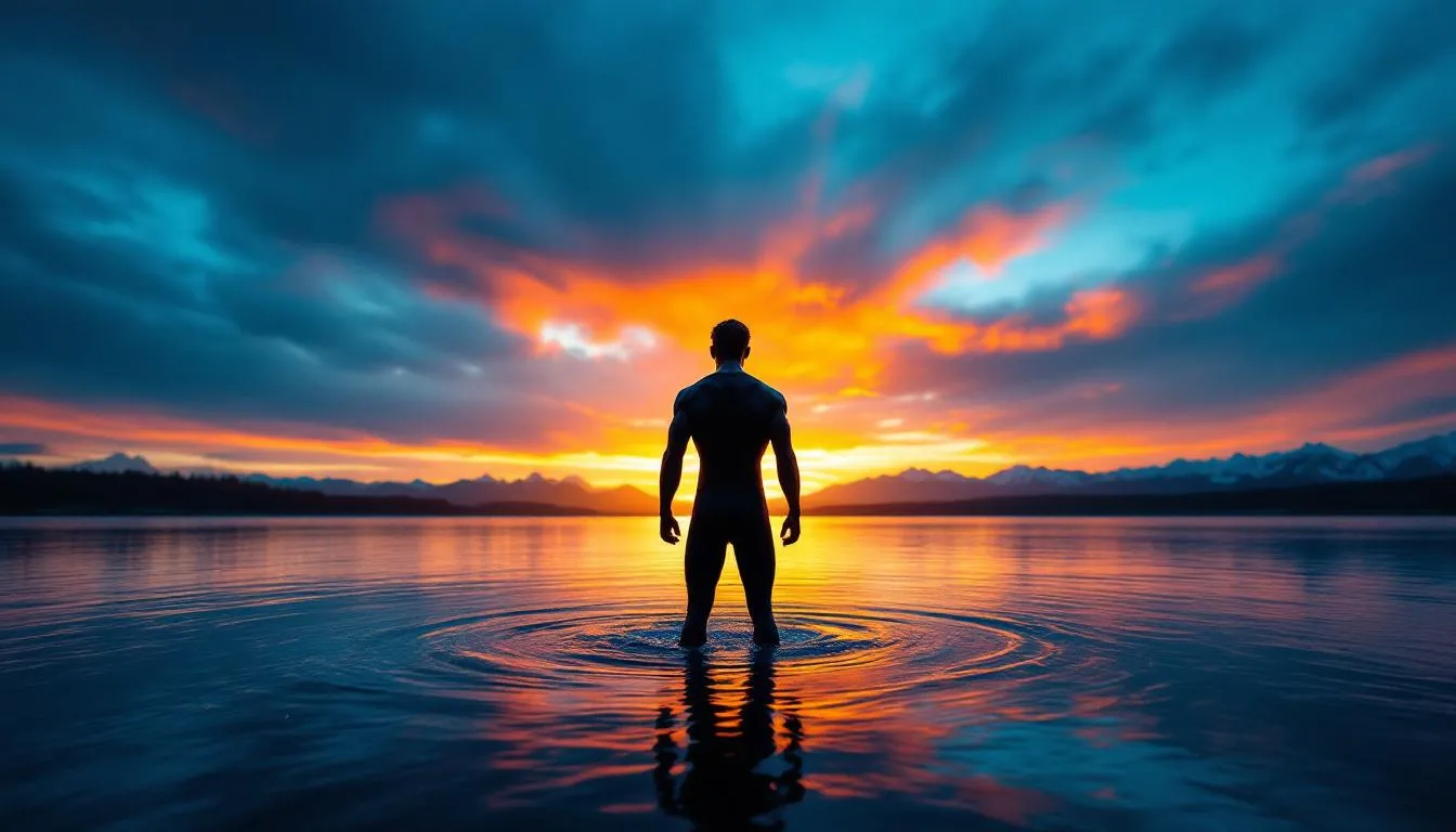 A motivational scene of an individual preparing for their first cold water therapy session, inspired by the concept of going from numb to alive.