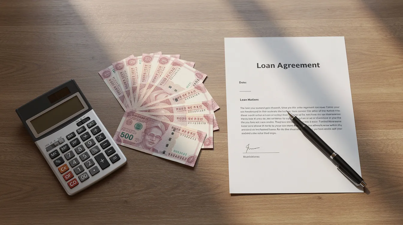 The image depicts a desk cluttered with a calculator, several Indian rupee notes, a loan document, and a pen, suggesting a focus on financial matters related to micro enterprises and mudra loans. This setup reflects the essential tools for managing loan amounts, interest rates, and funding details for businesses in India.