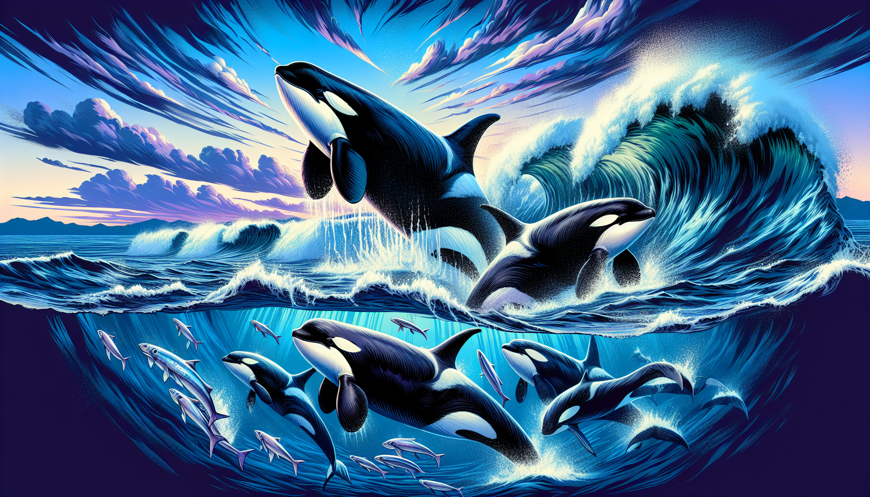 Illustration of killer whales hunting in the ocean