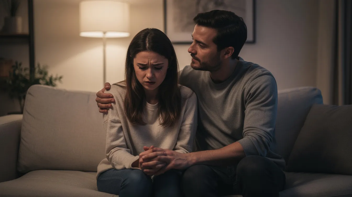 The image depicts a supportive partner comforting a woman who is experiencing anxiety, illustrating the challenges of managing anxiety within romantic relationships. Their interaction emphasizes the importance of honest communication and emotional well-being, as one partner navigates feelings of anxiety that can negatively impact their relationship.