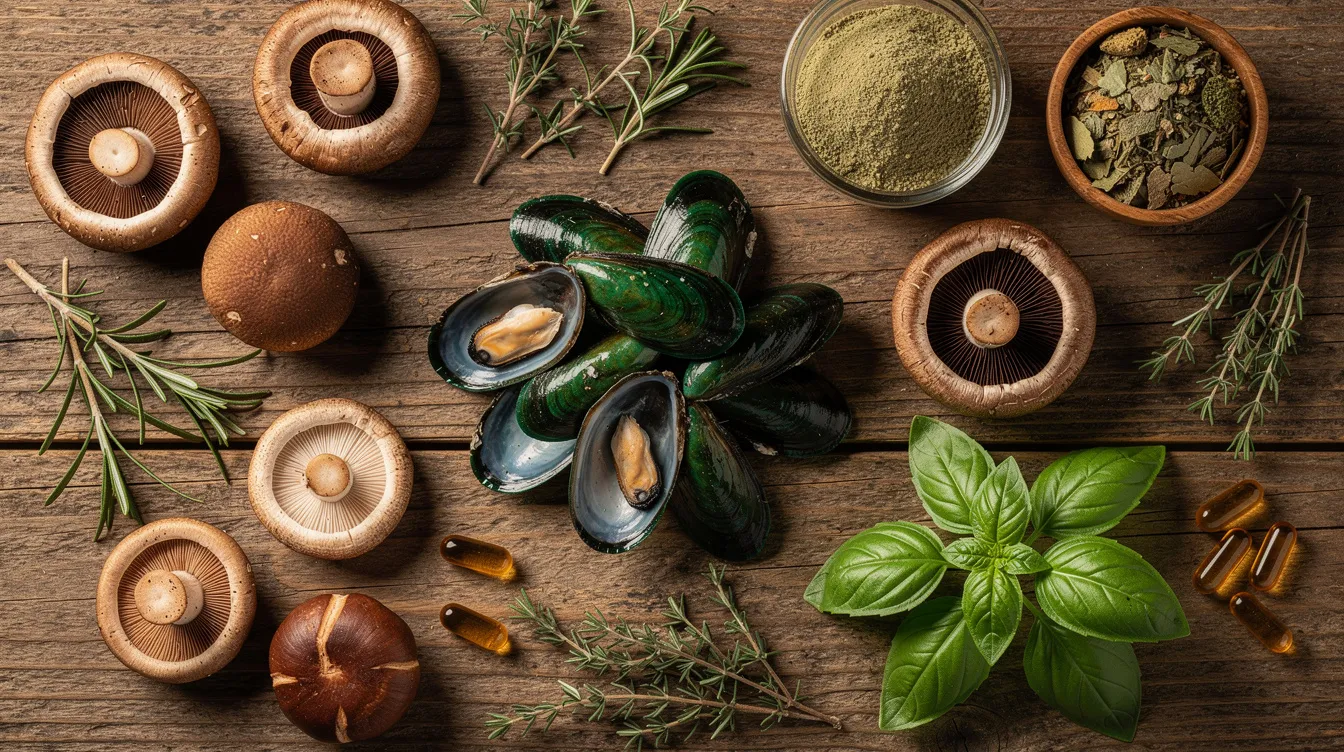 The image displays a variety of natural supplement ingredients, including green mussel shells, mushrooms, and herbs, thoughtfully arranged on a rustic wooden surface. These ingredients are often used in joint supplements to support joint health and alleviate joint discomfort for dogs, especially those with joint issues or older dogs needing extra joint support.
