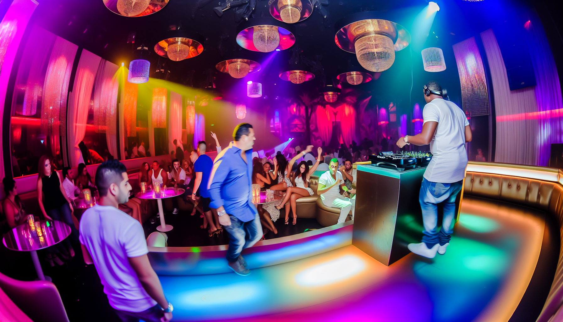 A luxurious VIP club with colorful lights and people dancing