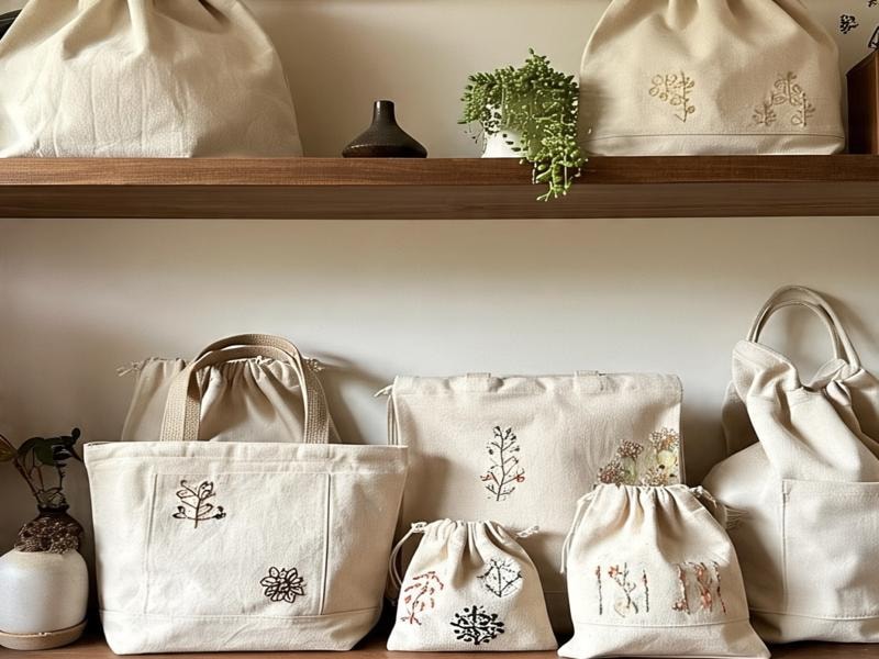 An image showing a variety of cream-colored muslin fabric bags with embroidered floral designs displayed on wooden shelves, including tote bags, drawstring pouches, and plant decorations nearby.