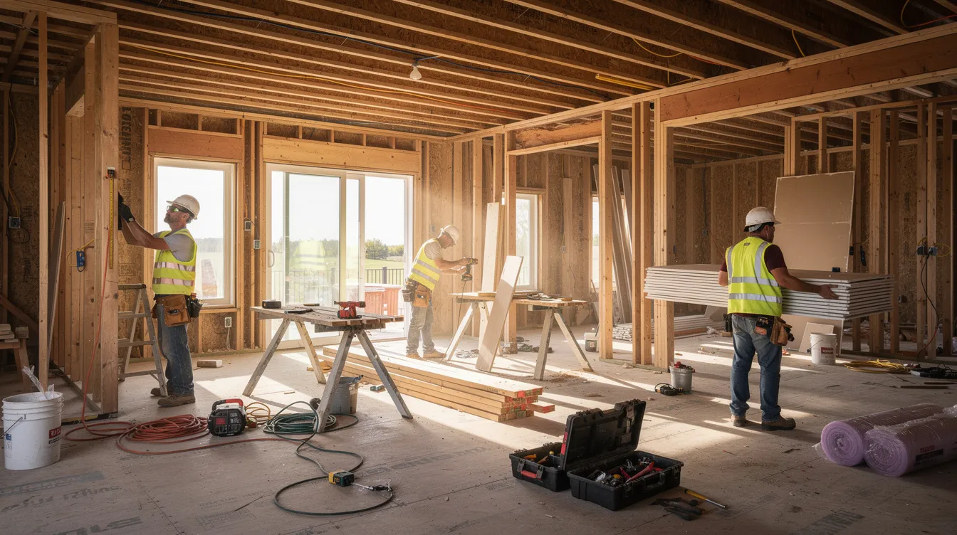 The image shows construction workers actively renovating the interior of a single-family home, with exposed framing and various tools scattered around. This scene highlights the ongoing real estate project, which could be of interest to real estate investors looking for investment properties in Orlando's real estate market.