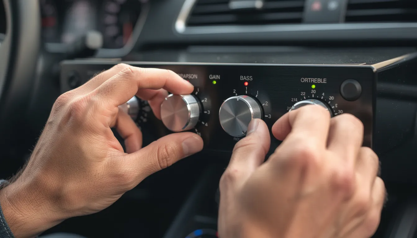 The image shows hands adjusting the knobs on a car amplifier control panel, focusing on settings like gain control, bass boost, and high pass filter to optimize the sound output for the car audio system. This careful tuning helps prevent distortion and ensures a powerful, clear audio experience while listening to music in the car.
