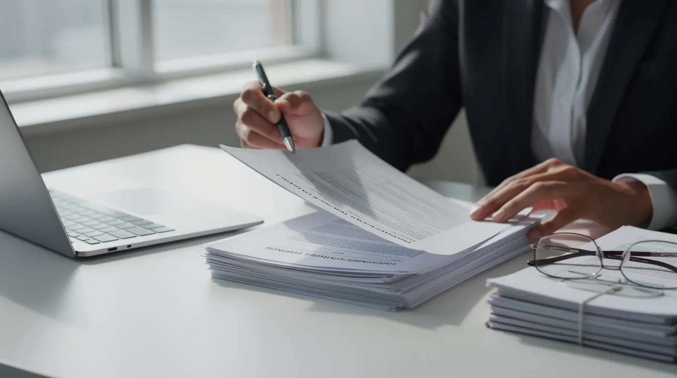 A person is intently reviewing a stack of business contracts and legal documents at a desk, highlighting their fiduciary responsibilities and obligations in the context of business relationships. The scene emphasizes the importance of diligence and good faith in making business decisions to avoid any breach of fiduciary duty.