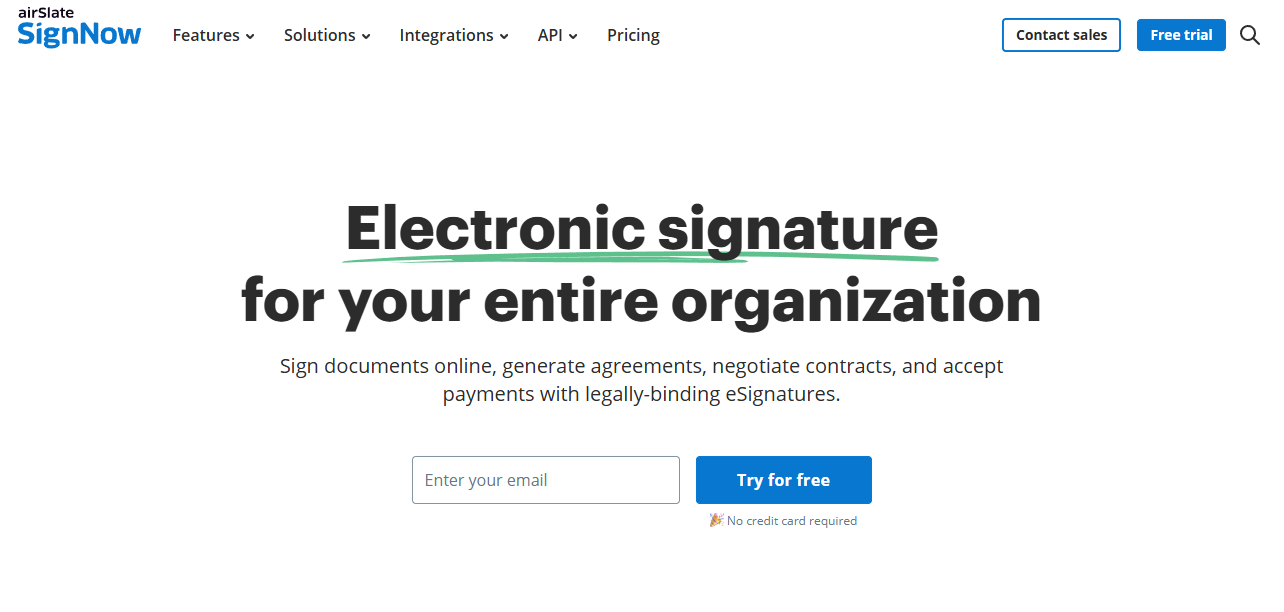 Screenshot van de SignNow website