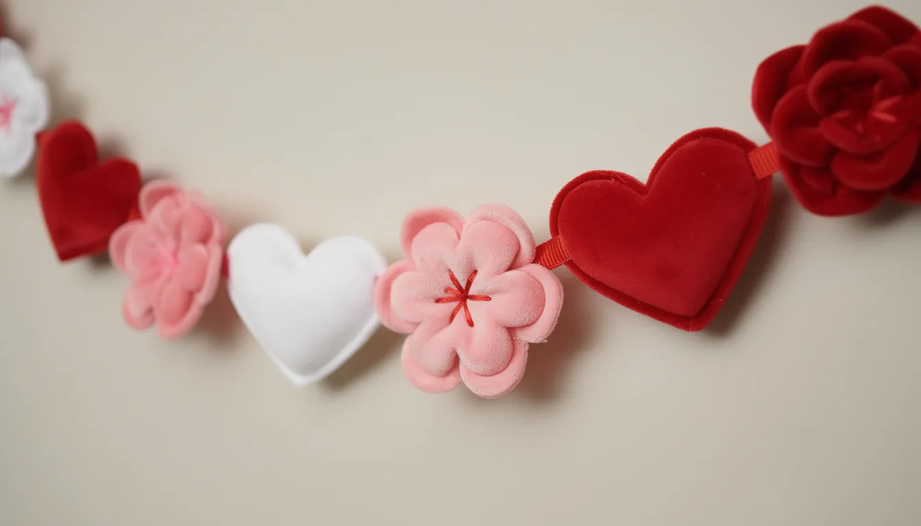 The image features a charming Valentine's Day garland, red, white hearts your love at the perfedct price, red hearts of love