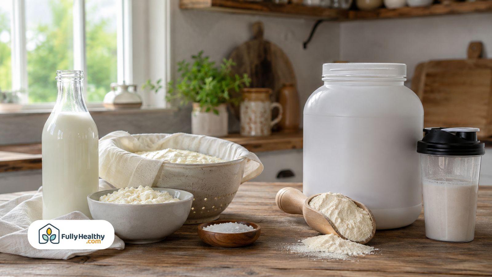Milk, whey protein powder, and cheese ingredients displayed on rustic kitchen table