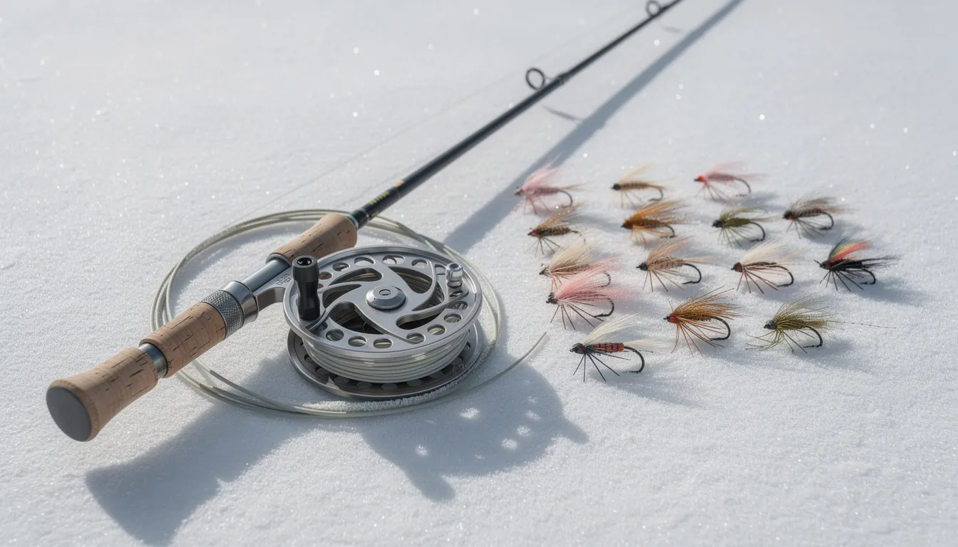 A fly fishing rod and reel are neatly arranged on a white sandy surface next to a variety of shrimp flies, perfect for anglers seeking to catch bonefish in the Bahamas. This serene setup highlights the essentials for saltwater fly fishing, ideal for adventures on the expansive flats of Grand Bahama Island.